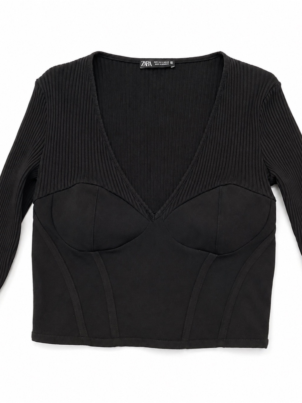 Zara Ribbed Bustier Corset Crop Top Black Long Sleeve Size S Minimalist - Picture 3 of 6